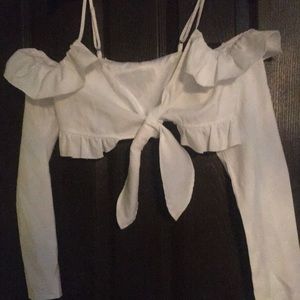 White crop tie front shirt